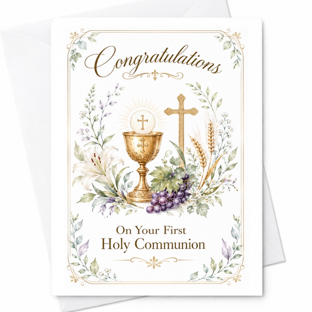Congratulations On Your First Holy Communion Card Religious Celebration Card For Child Elegant Floral Keepsake C2726