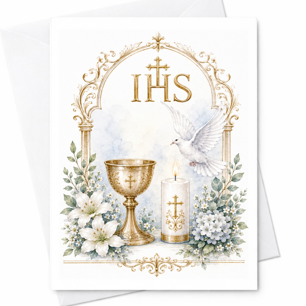Ihs Religious Greeting Card Christian Faith Card Communion Confirmation Baptism Card Dove Chalice Candle Floral C2731