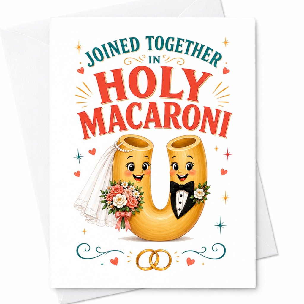 Joined Together In Holy Macaroni Funny Wedding Card Cute Marriage Congratulations Newlyweds Bride Groom Anniversary Card C2737