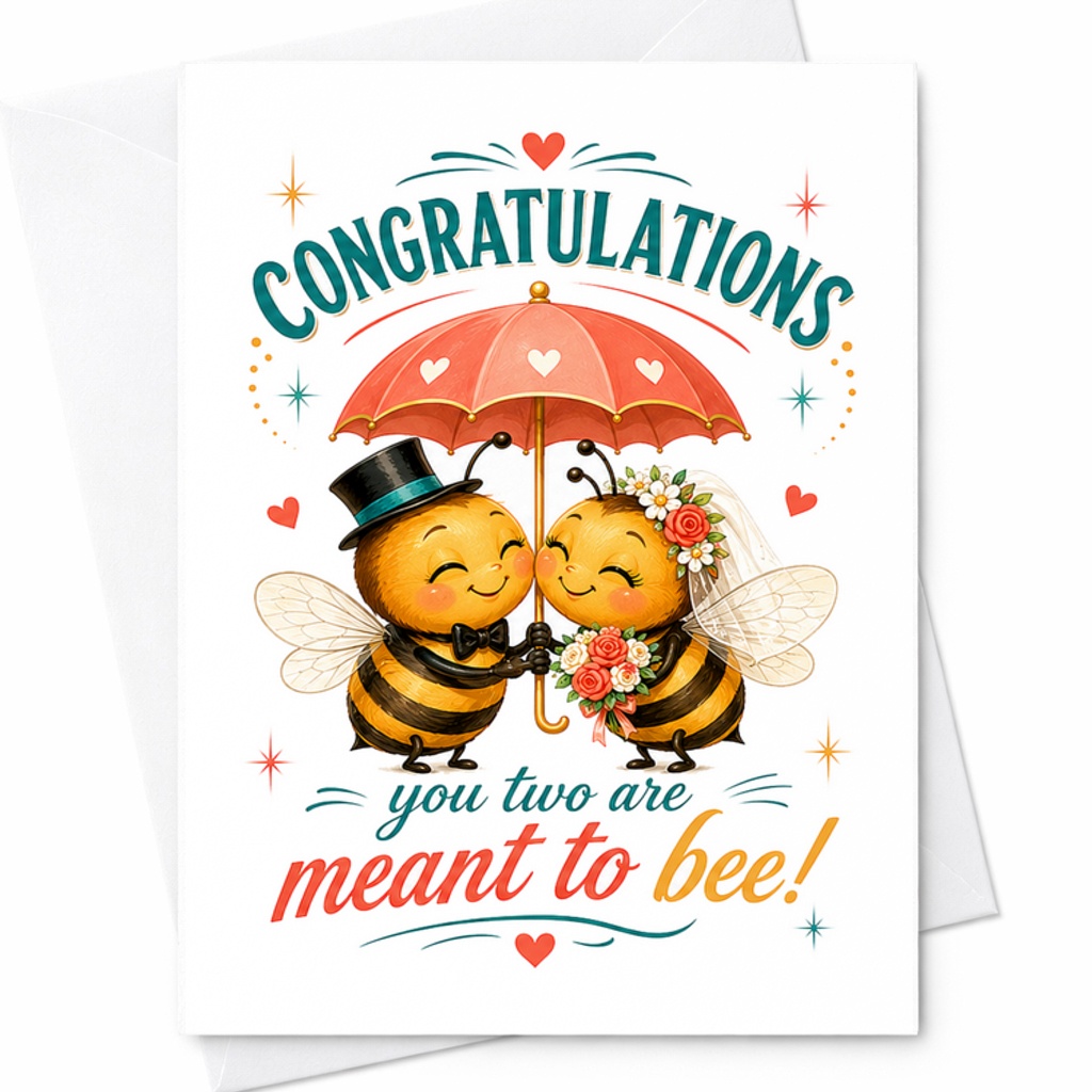Congratulations You Two Are Meant To Bee Wedding Card Cute Engagement Card Bride Groom Adorable Bees Newlyweds Celebration C2756