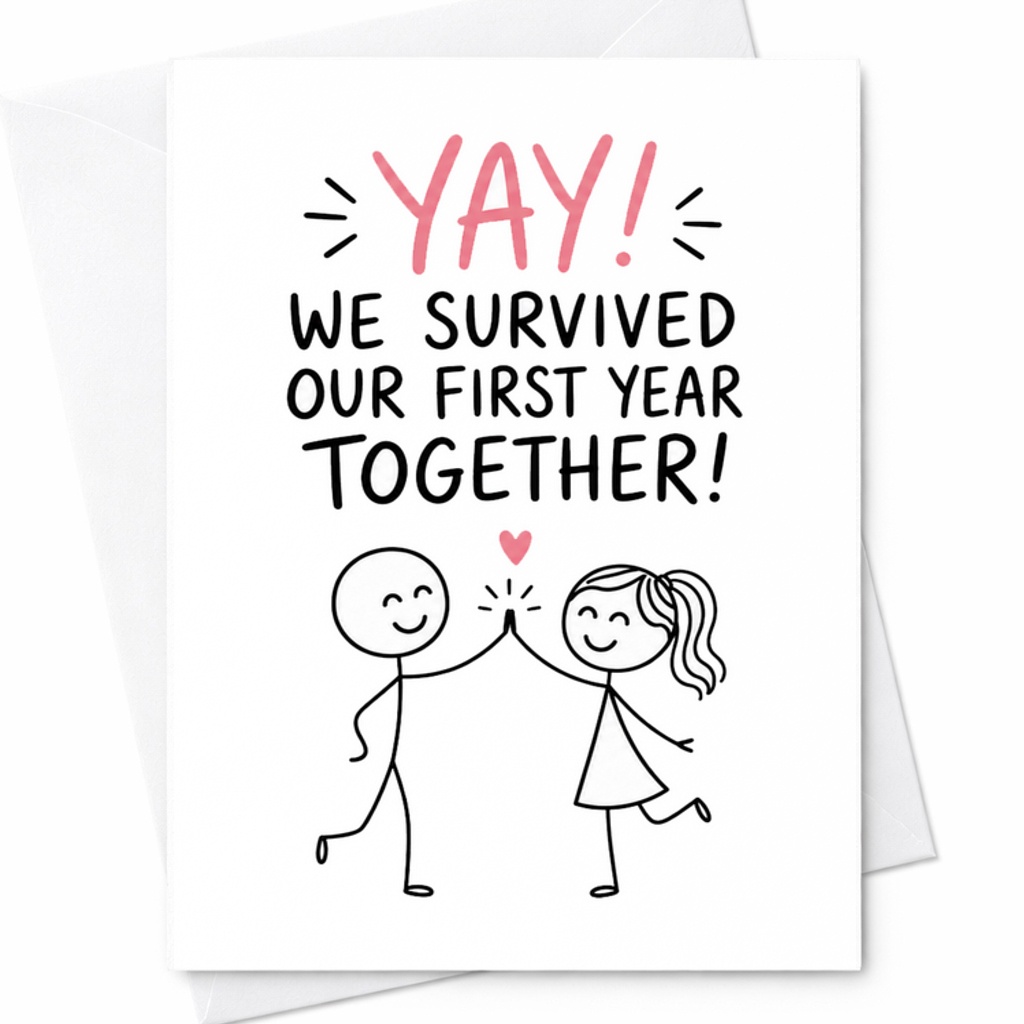Yay! We Survived Our First Year Together Anniversary Card Cute Couple 1st Year Celebration Romantic Gift For Husband Or Wife C2835