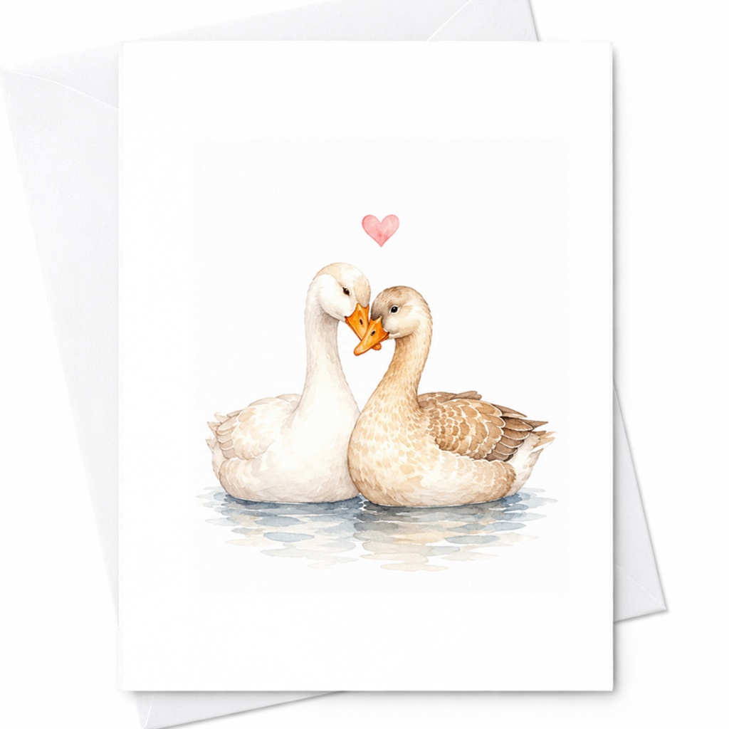 Duck Couple Love Card, Romantic Anniversary Card With Two Ducks And Heart For Wedding Or Valentine's Day C2882
