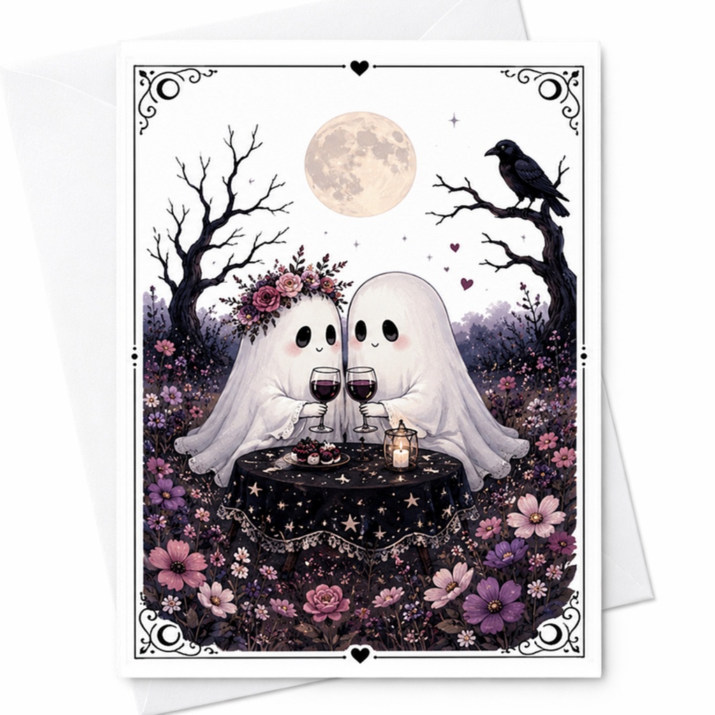 Ghost Couple Love Card, Gothic Anniversary Card With Moonlit Dinner, Cute Halloween Wedding Card For Couples C2927