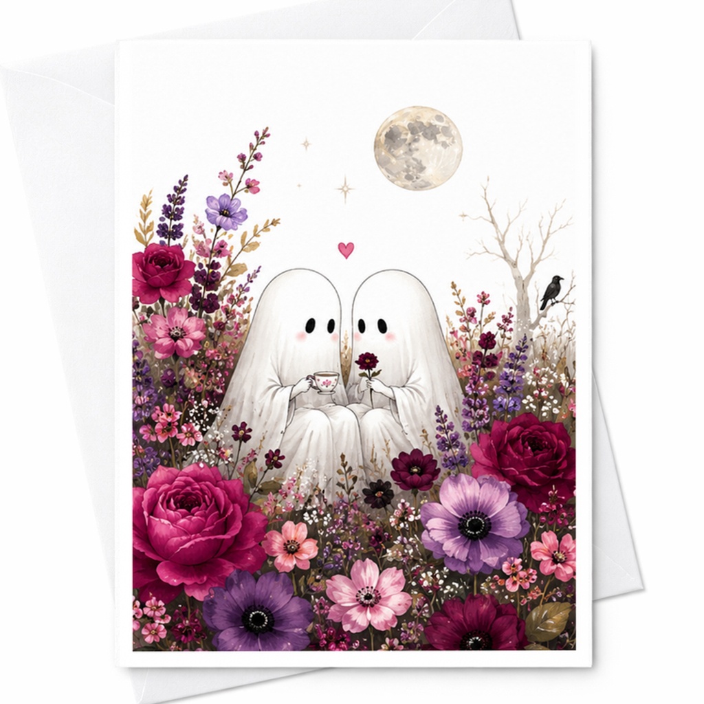 Ghost Couple Love Card, Gothic Anniversary Card With Moonlit Dinner, Cute Halloween Wedding Card For Couples C2929