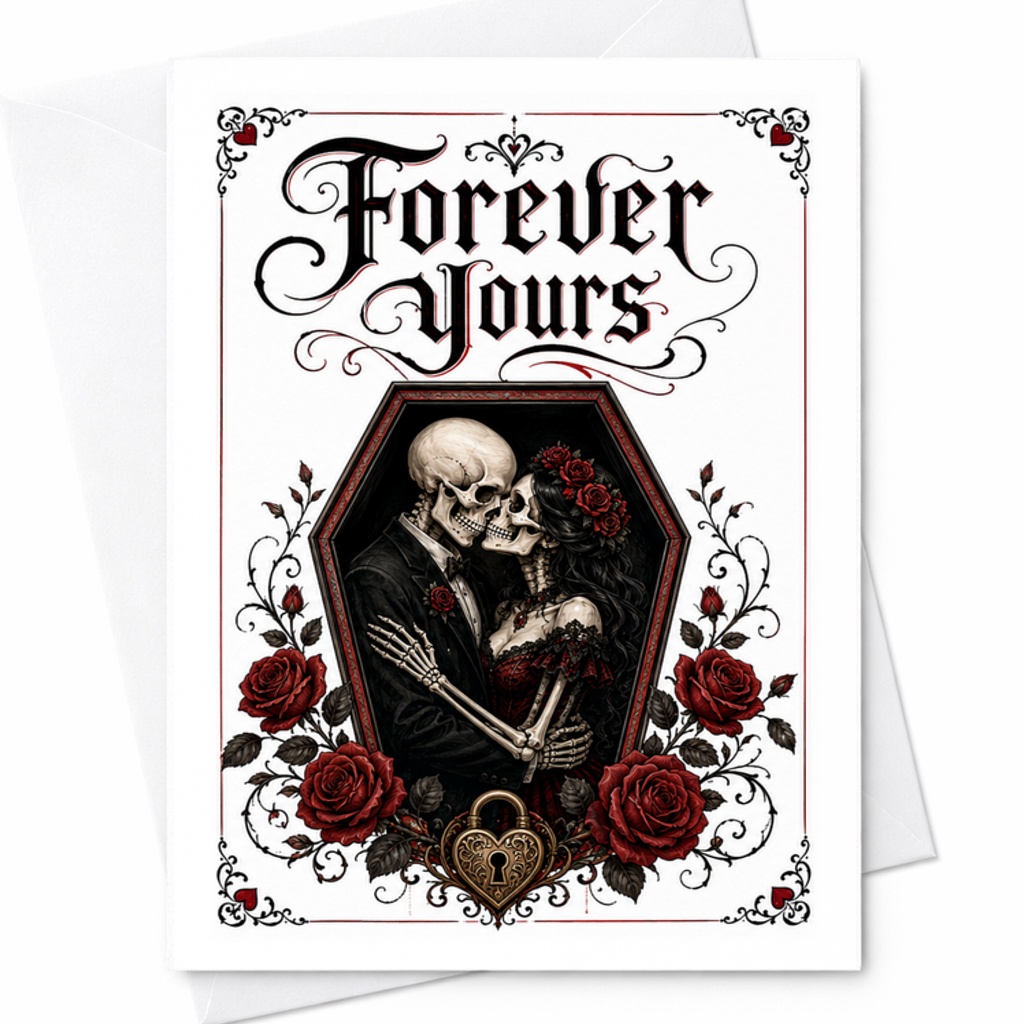 Forever Yours Romantic Wedding Card Gothic Skeleton Couple Anniversary Engagement Love Roses Unique C2931