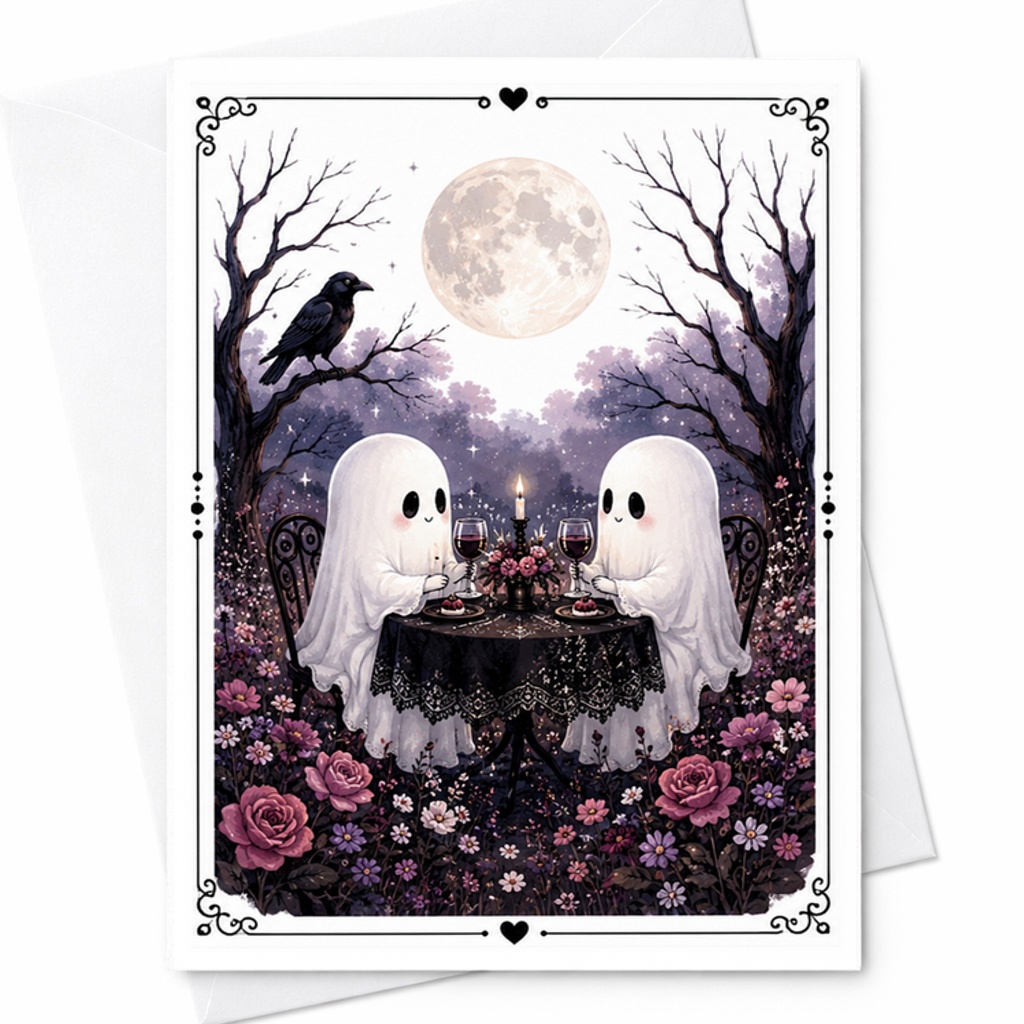 Ghost Couple Love Card Gothic Anniversary Card Moonlit Dinner Cute Halloween Wedding Card For Couples Romantic Greeting C2926