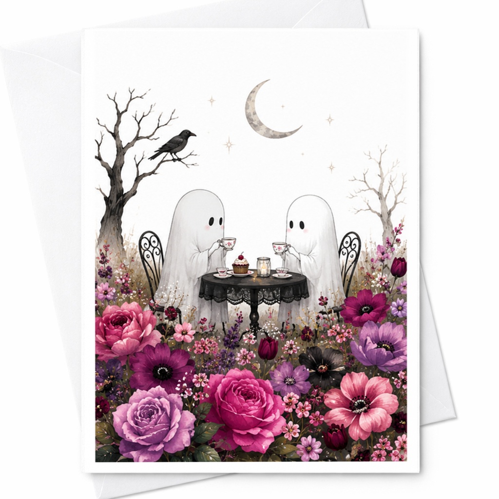 Ghost Couple Love Card, Gothic Anniversary Card With Moonlit Dinner, Cute Halloween Wedding C2928