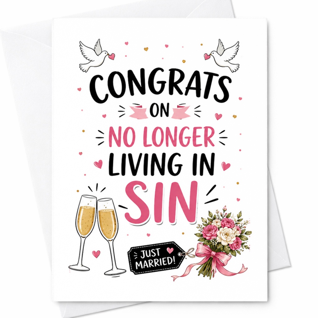 Congrats On No Longer Living In Sin Funny Wedding Card Just Married Newlyweds Celebration Card For Bride And Groom C2967