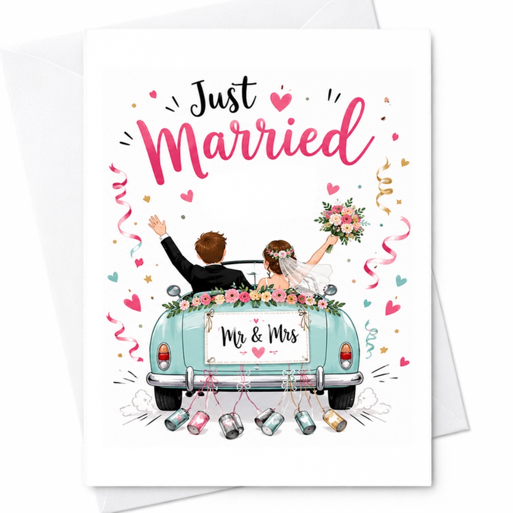 Just Married Wedding Card Mr & Mrs Newlywed Couple Cute Celebration Card Marriage Congratulations Bride Groom Romantic C2960