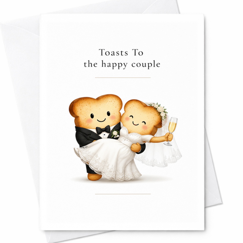 Toasts To The Happy Couple Wedding Card Cute Bride Groom Adorable Toast Bread Newlyweds Celebration Card Engagement C3024