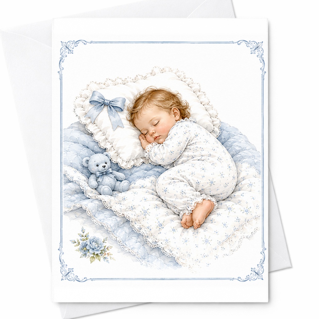 Sleeping Baby Boy Card, New Baby Congratulations Card With Teddy Bear, Baby Shower Card For New Parents C3034
