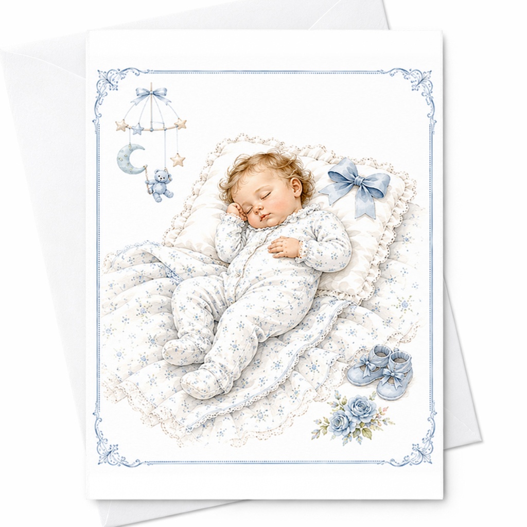 Sleeping Baby Boy Card, New Baby Congratulations Card With Teddy Bear, Baby Shower For New Parents C3035
