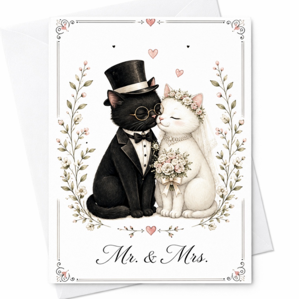 Mr. & Mrs. Wedding Card Cute Bride And Groom Cats Floral Engagement Anniversary Congrats Card For Couple Friends C3074
