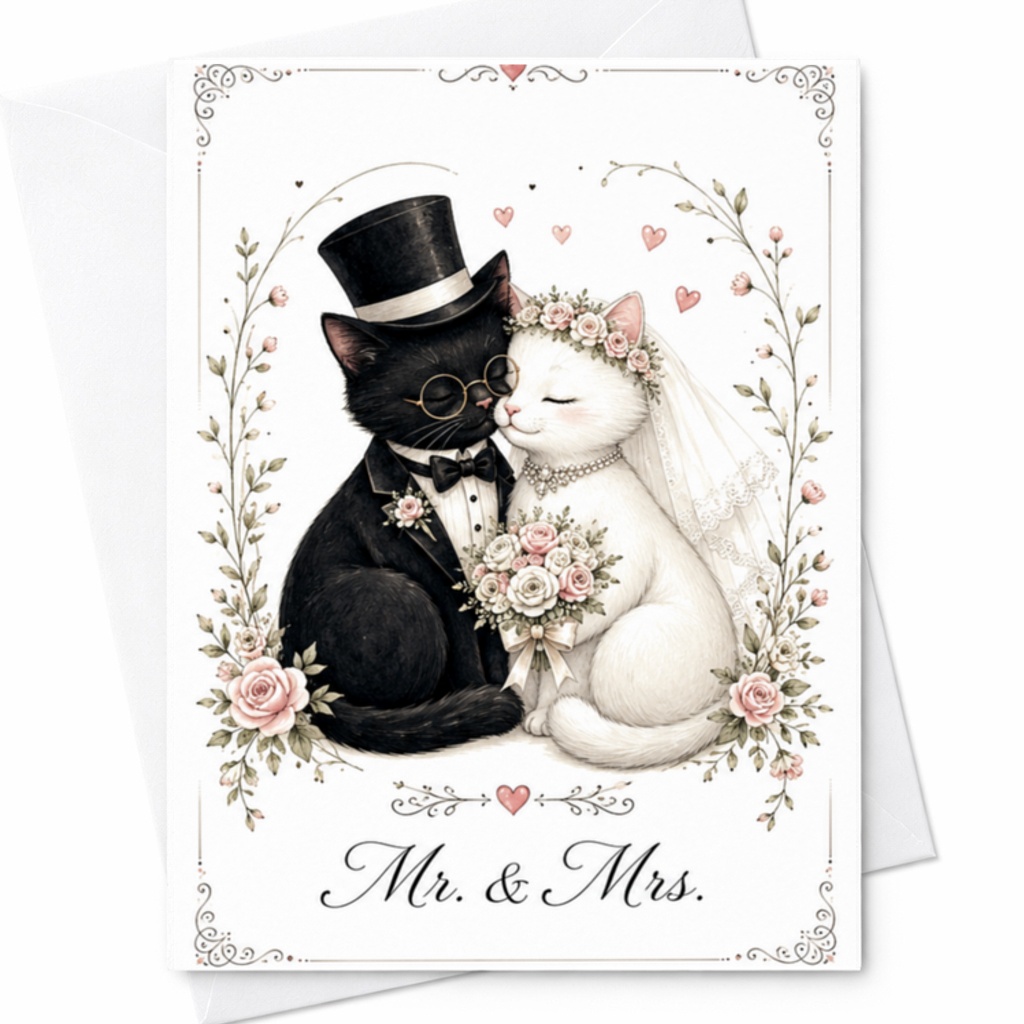 Mr. & Mrs. Wedding Card Cute Bride And Groom Cats Floral Anniversary Engagement Congrats Card For Couple Friends C3088