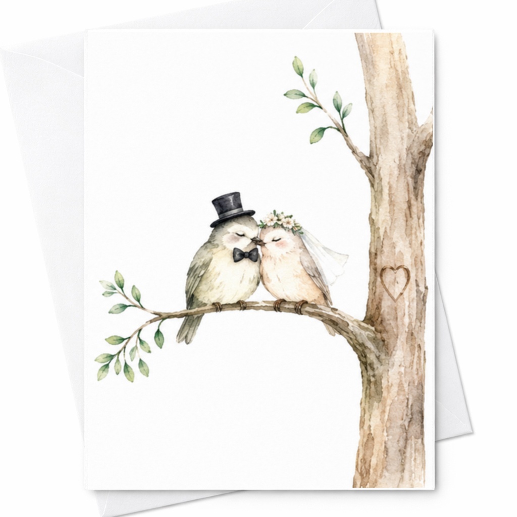 Love Birds Wedding Card, Bird Couple Anniversary Card With Bride And Groom Birds On Tree Branch For Newlyweds C3079