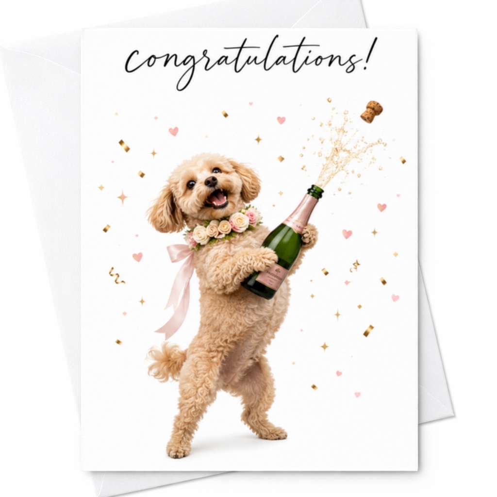 Congratulations Wedding Card Cute Dog Champagne Newlyweds Bride Groom Engagement Celebration Funny Marriage Card C3077