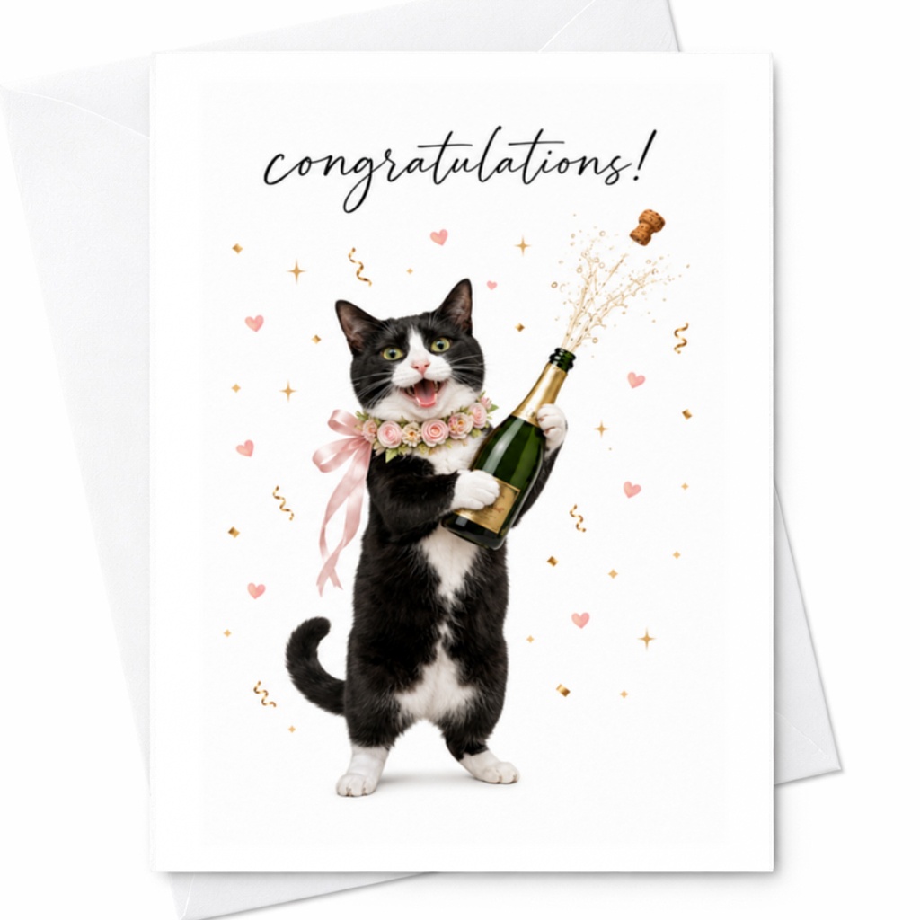Congratulations! Wedding Card Funny Cat Champagne Newlyweds Bride Groom Engagement Celebration Cute Animal Marriage C3077