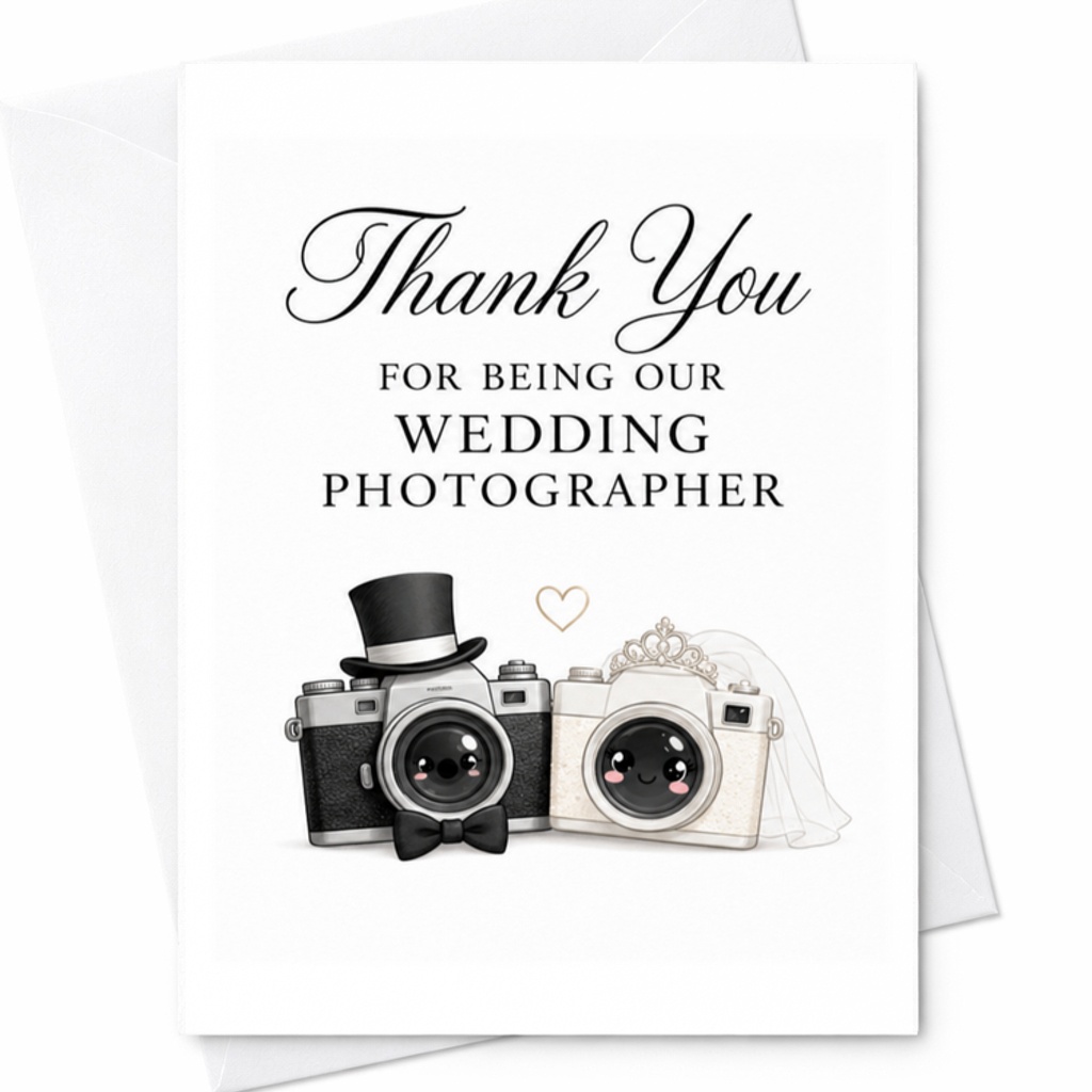 Thank You For Being Our Wedding Photographer Card Elegant Appreciation Greeting Bridal Party Vendor Vintage Camera C3078
