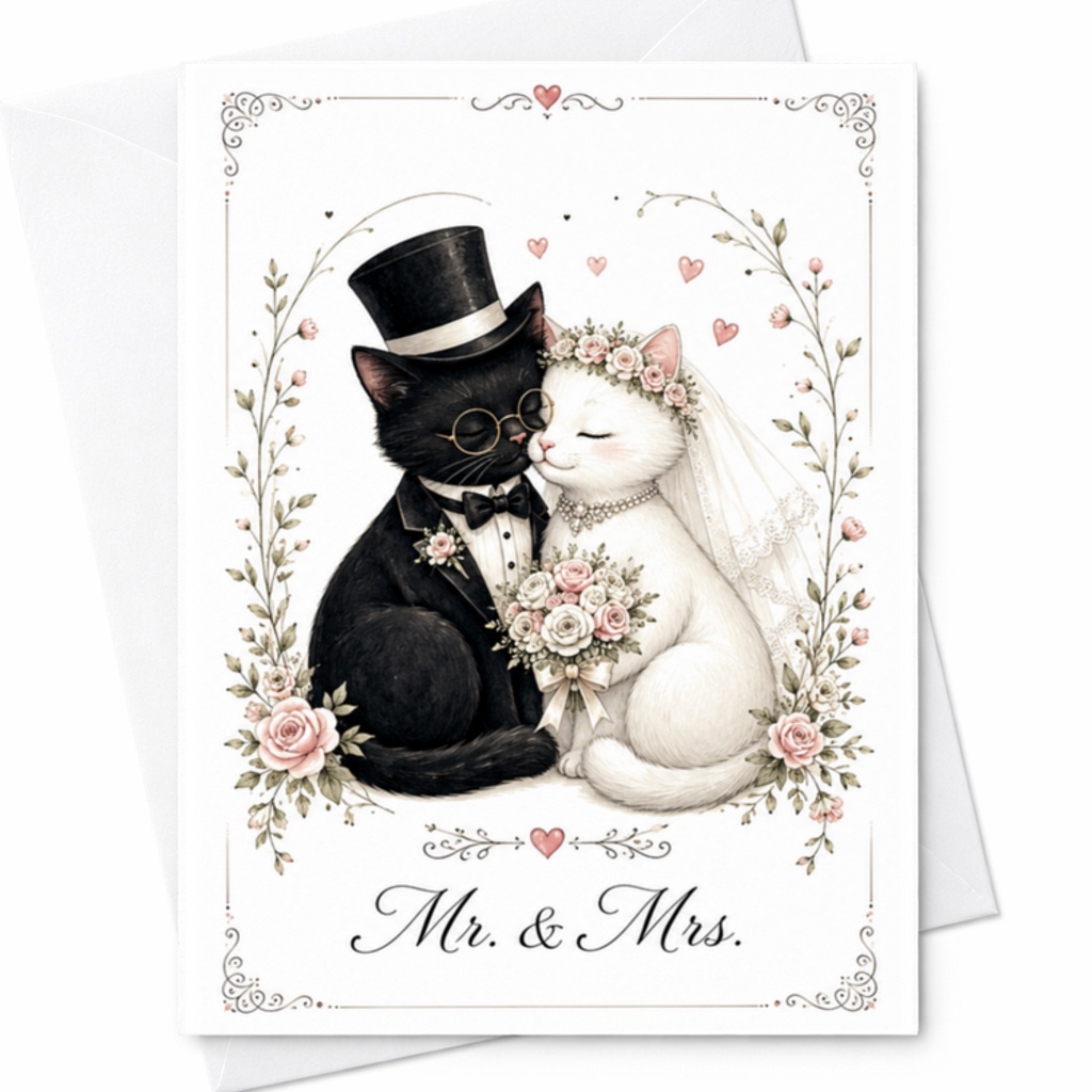 Mr. & Mrs. Wedding Card Cute Cat Couple Adorable Bride And Groom Newlyweds Romantic Marriage Congratulations Card C3074