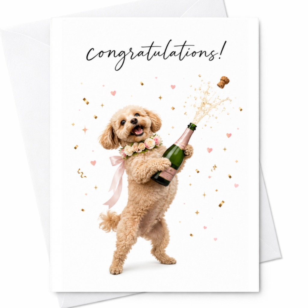 Congratulations! Cute Dog Celebration Card Wedding Engagement Party Champagne Popping Fun Greeting Card For Friends Family C3080