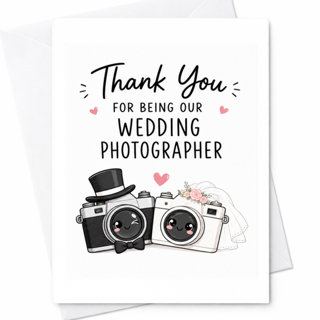 Thank You For Being Our Wedding Photographer Card Wedding Reception Appreciation Cute Cameras Wedding Card C3082