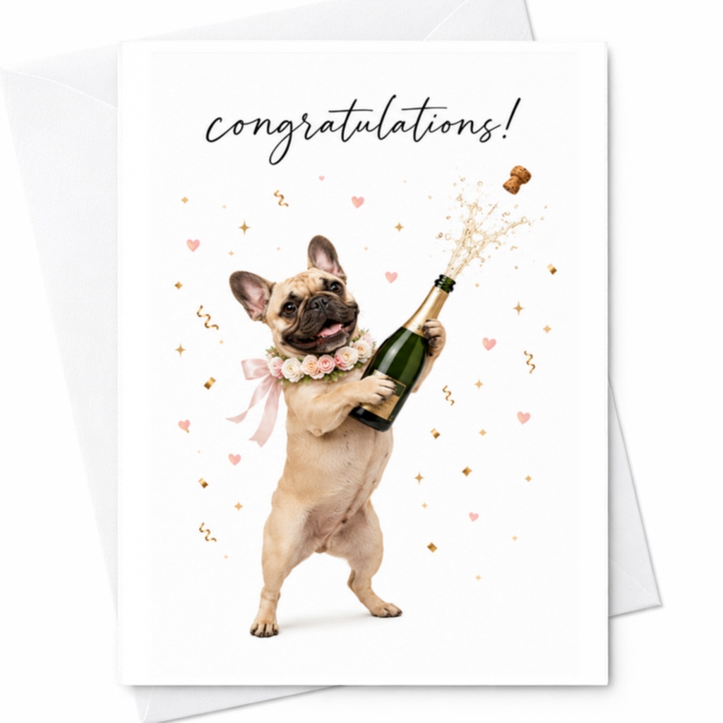 Congratulations! Cute Dog Celebration Card Funny Champagne Popping French Bulldog Greeting Card For Graduation Wedding Birthday C3084