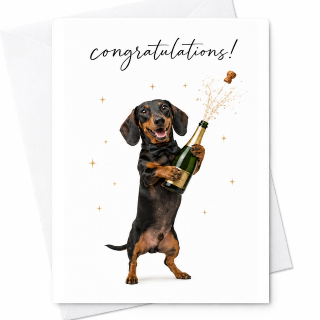 Congratulations! Cute Dog Champagne Celebration Card Funny Congrats Card For Weddings Anniversaries Graduations New Job C3087