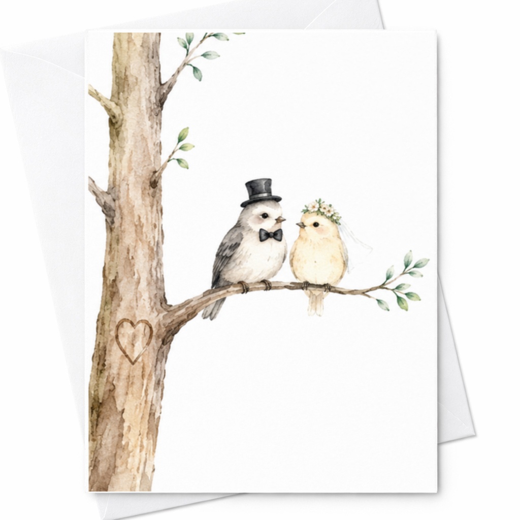 Love Birds Wedding Card, Bird Couple Anniversary Card With Bride And Groom Birds On Tree Branch Newlyweds C3089