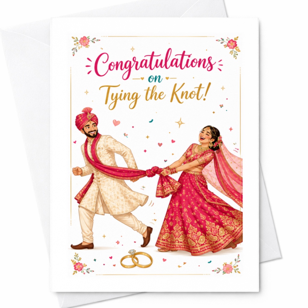Congratulations On Tying The Knot Wedding Card Newlywed Couple Marriage Celebration Cute Bride Groom Indian Wedding Card C3097