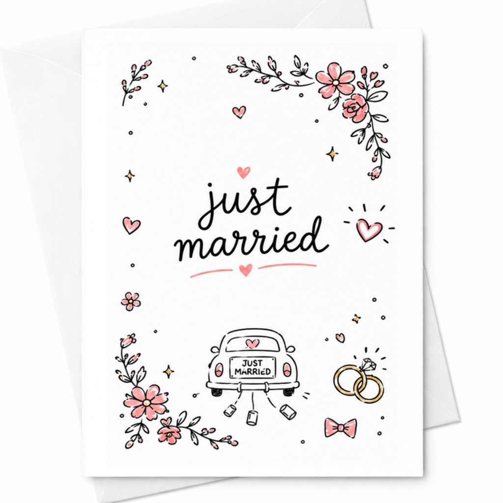 Just Married Wedding Card Illustrated Handmade Card With Envelope Cute Newlywed Congratulations Card For Bride And Groom C3120