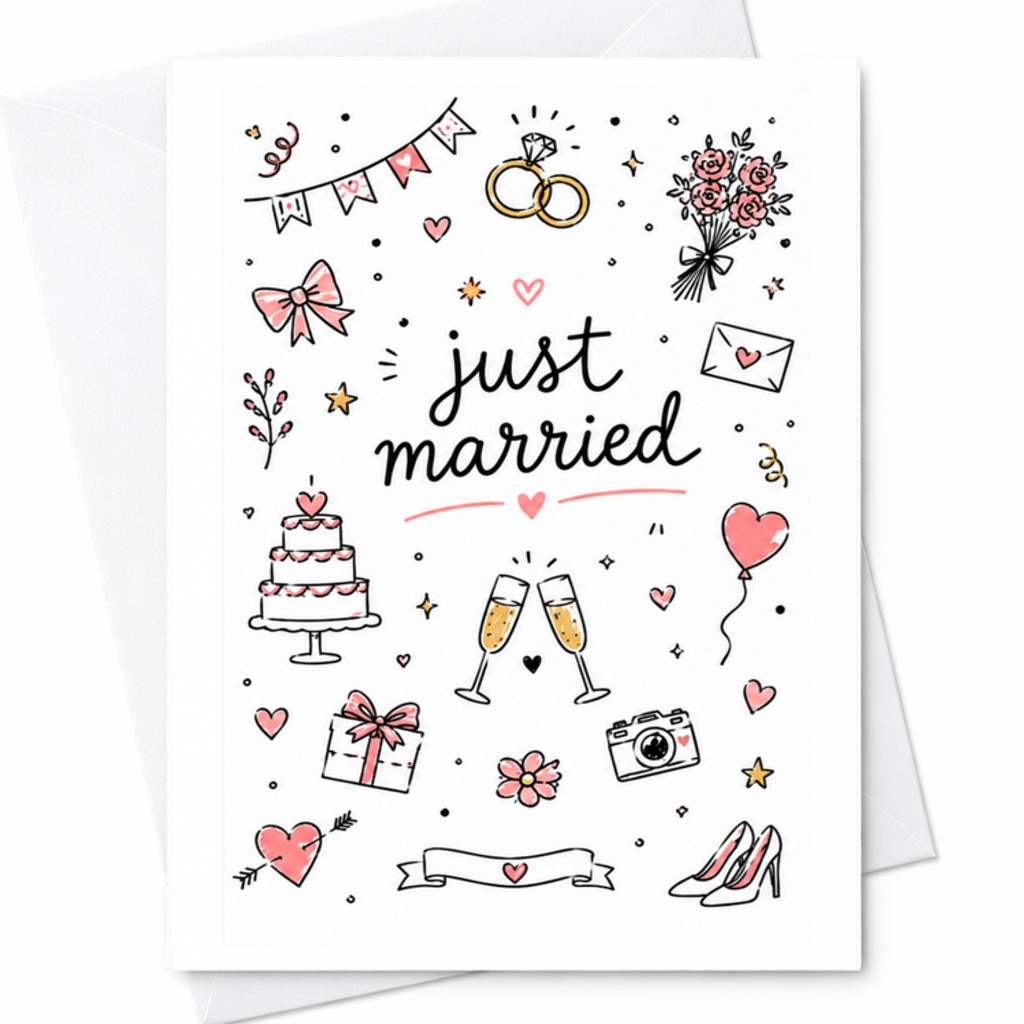 Just Married Wedding Card Illustrated Handmade Card With Envelope Cute Newlywed Congratulations Card For Bride And Groom C3121