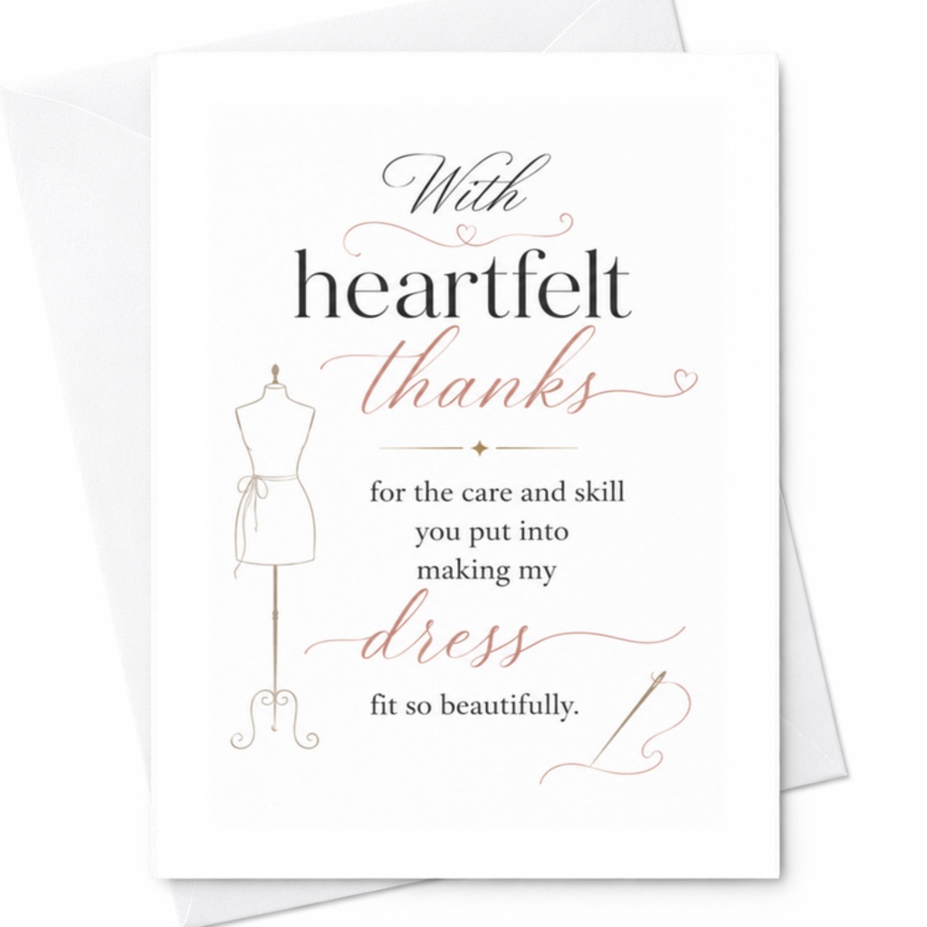 With Heartfelt Thanks For The Care And Skill You Put Into Making My Dress Fit Beautifully Wedding Thank You Card Seamstress C3143