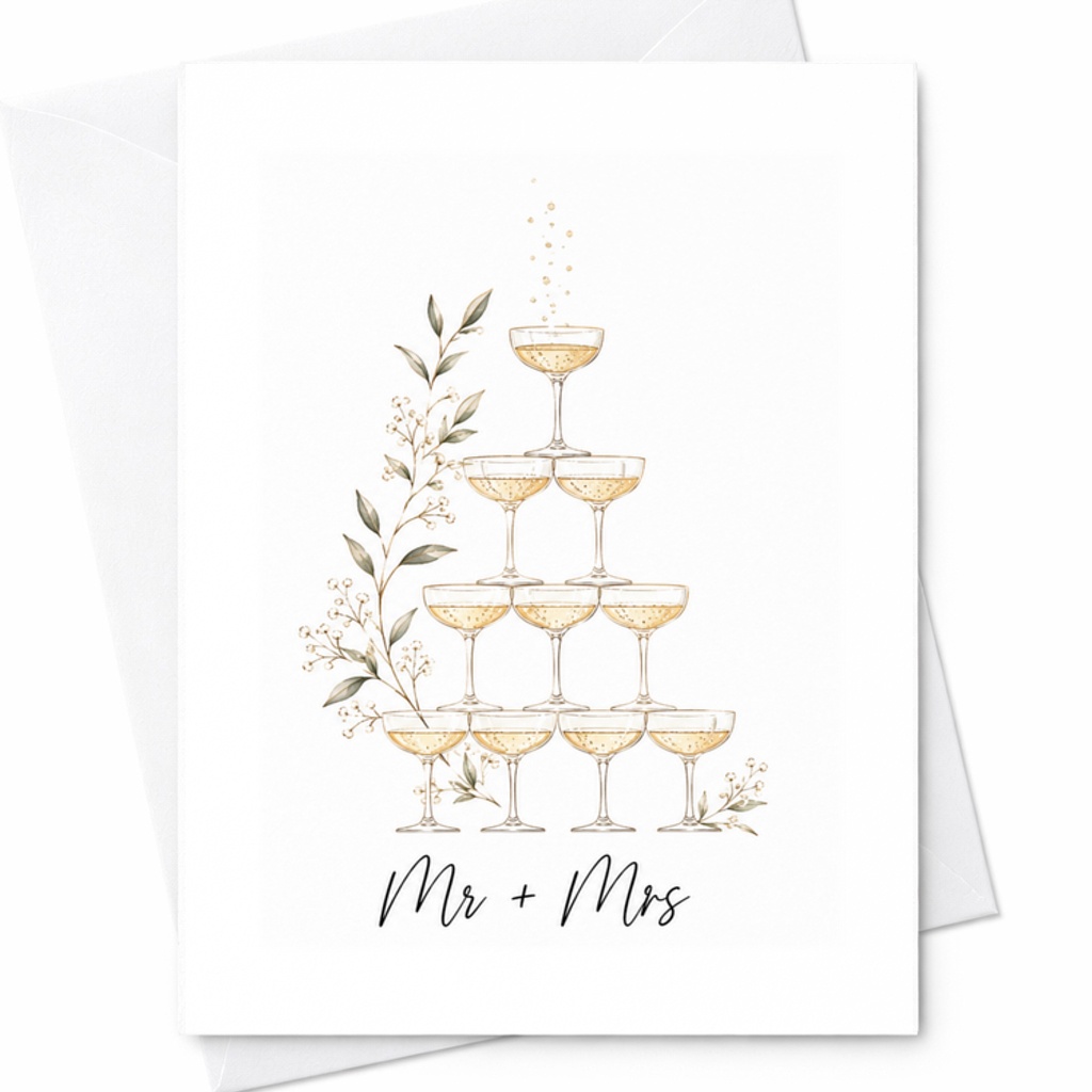 Mr + Mrs Wedding Card Elegant Champagne Tower For Newlyweds Romantic Marriage Celebration Greeting Card For Couple C3164