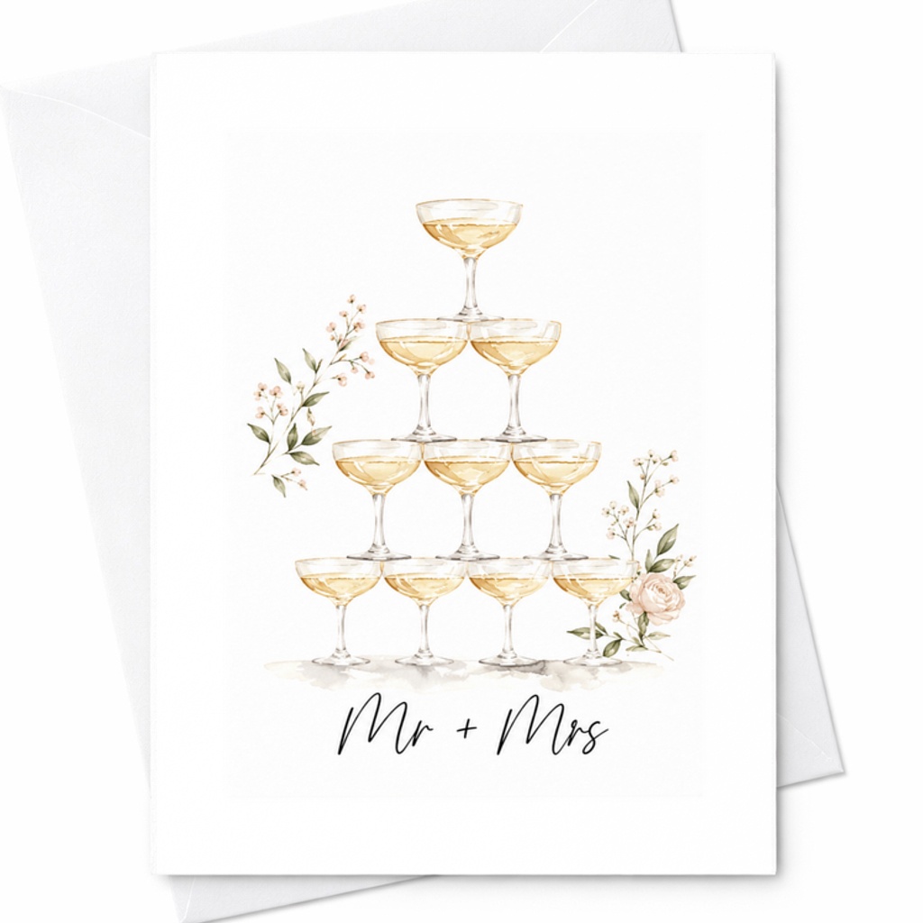 Mr + Mrs Wedding Card Elegant Champagne Tower Newlywed Celebration Card For Bride And Groom Romantic Marriage Greeting C3165