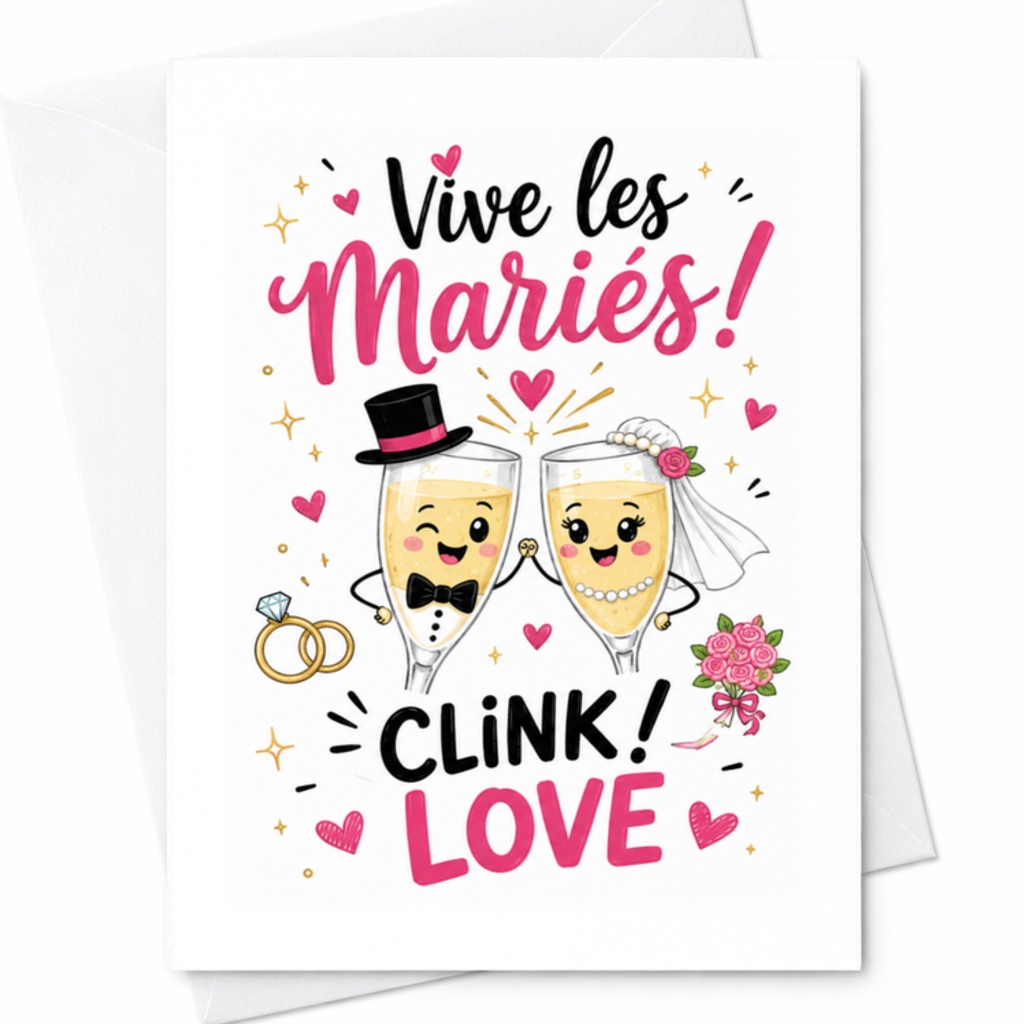 Vive Les Mariés Clink Love Wedding Card Cute Champagne Glasses Newlyweds Celebration Card Bride Groom Romantic Marriage C3167