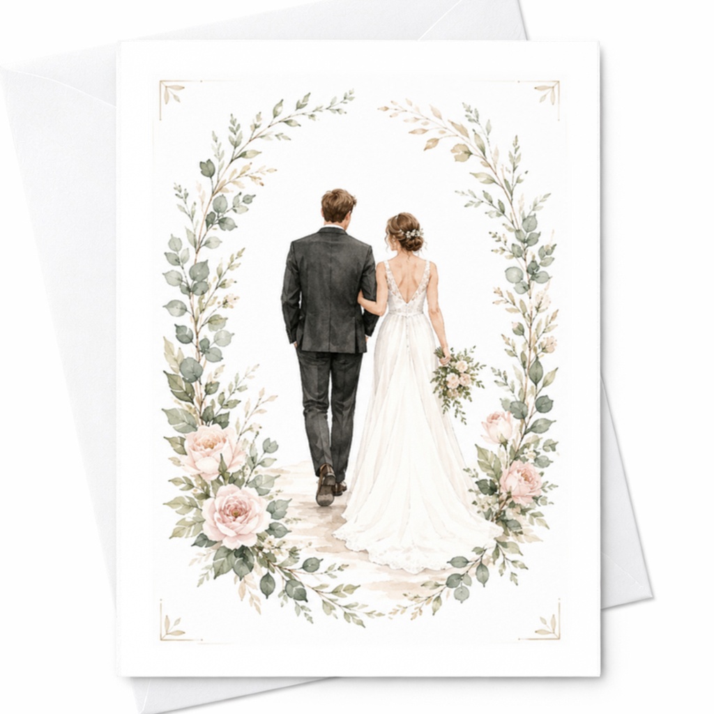 Bride And Groom Wedding Card, Newlywed Congratulations Card With Floral Couple For Wedding Day C3175