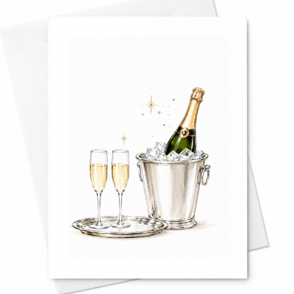 Champagne Celebration Card, Wedding Congratulations Card With Champagne Bottle And Glasses For Newlywed Couple C3156