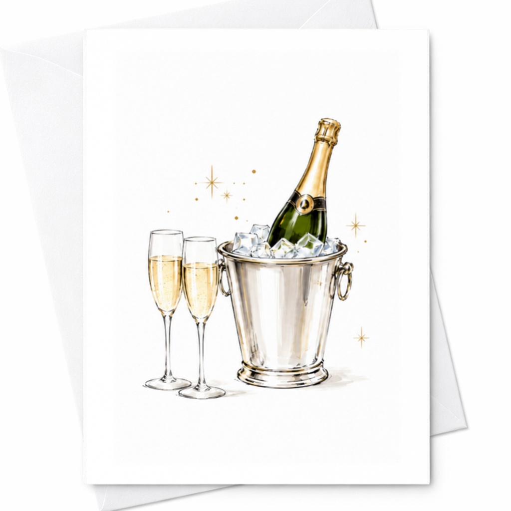 Champagne Celebration Card, Wedding Congratulations Card With Champagne Bottle And Glasses Newlywed Couple C3157