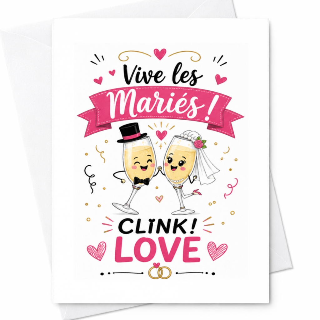 Vive Les Mariés Clink Love Wedding Card Cute Champagne Glasses Newlyweds Celebration Card For Bride And Groom Romantic C3166