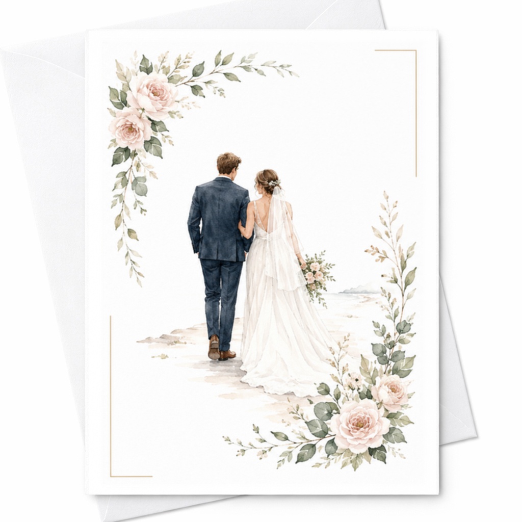 Bride And Groom Wedding Card, Newlywed Congratulations Card With Floral Couple Illustration For Wedding Day C3174