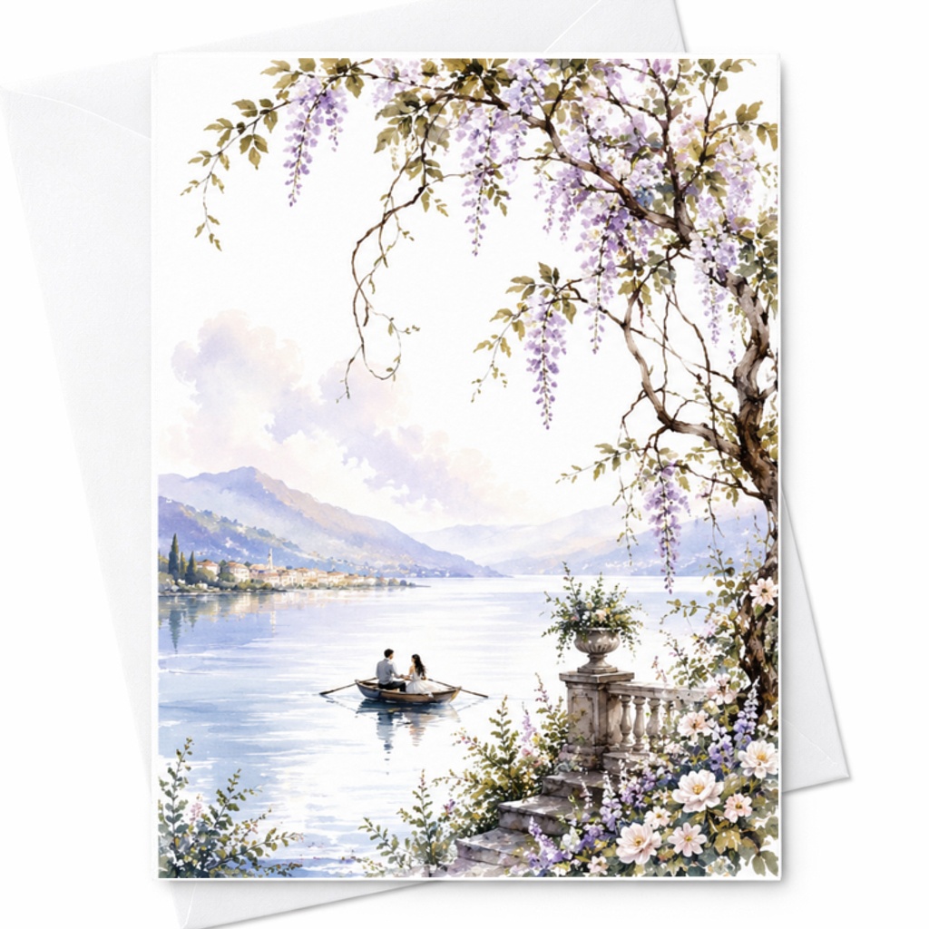 Lake View Wedding Card, Romantic Boat Couple Card With Wisteria Flowers, Scenic Anniversary Card For Couples C3178