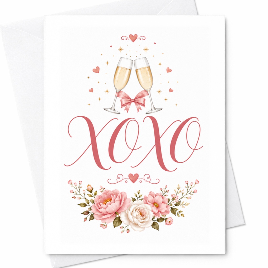 Xoxo Romantic Anniversary Card For Couple Cute Floral With Champagne Glasses Love Card For Wedding Or Engagement C3180