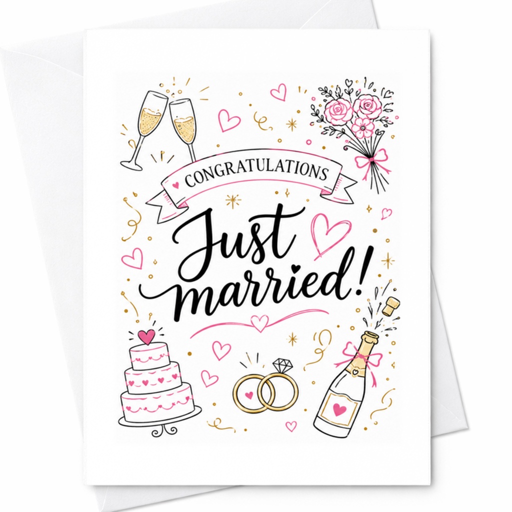 Just Married Wedding Congratulations Card Newlywed Couple Pink Card With Rings Champagne Hearts Romantic Celebration C3188