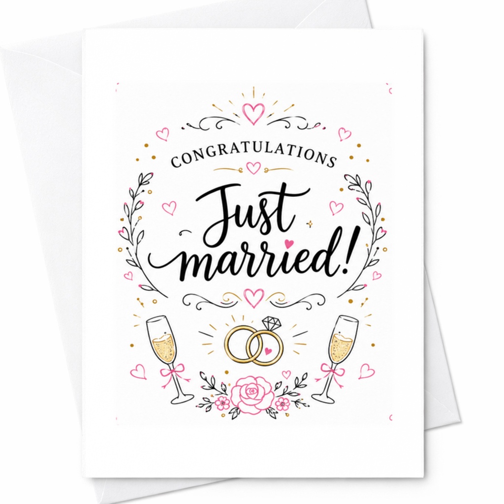 Congratulations Just Married Wedding Card Newlywed Couple Pink Champagne Rings Hearts Romantic Marriage Celebration Card C3189