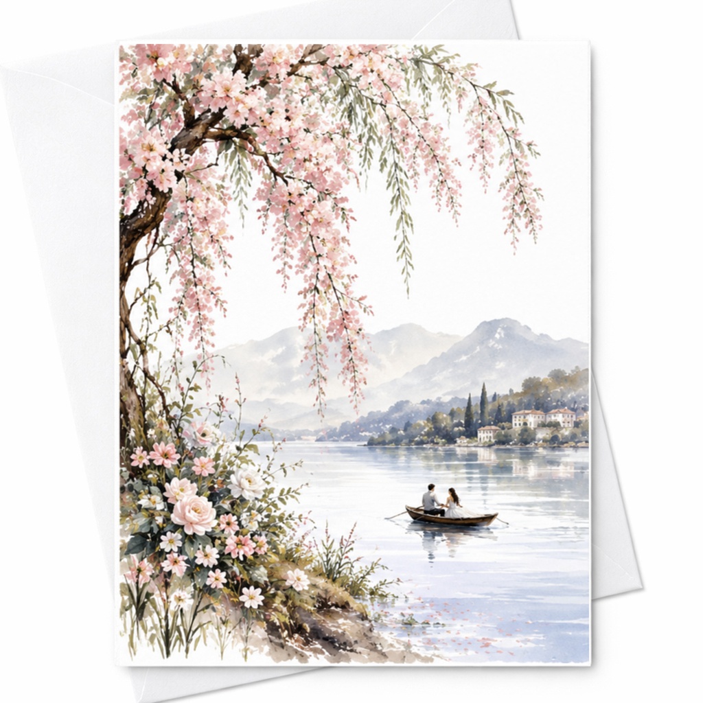 Lake View Wedding Card, Romantic Boat Couple Card With Wisteria Flowers, Scenic Anniversary Card C3179