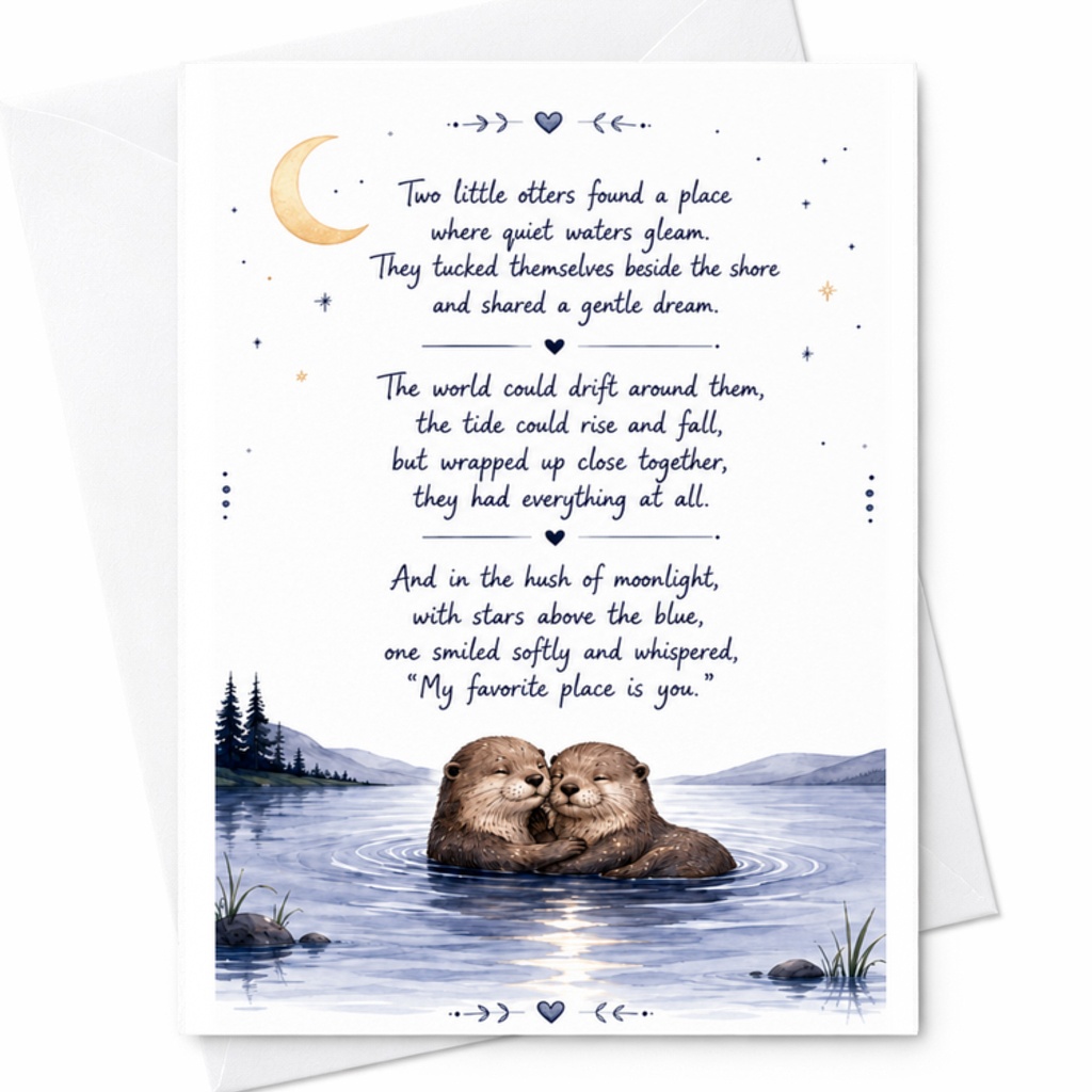 Two Little Otters Found A Place Where Quiet Waters Gleam Wedding Anniversary Card Romantic Couple Cute Otter Love Card C3182