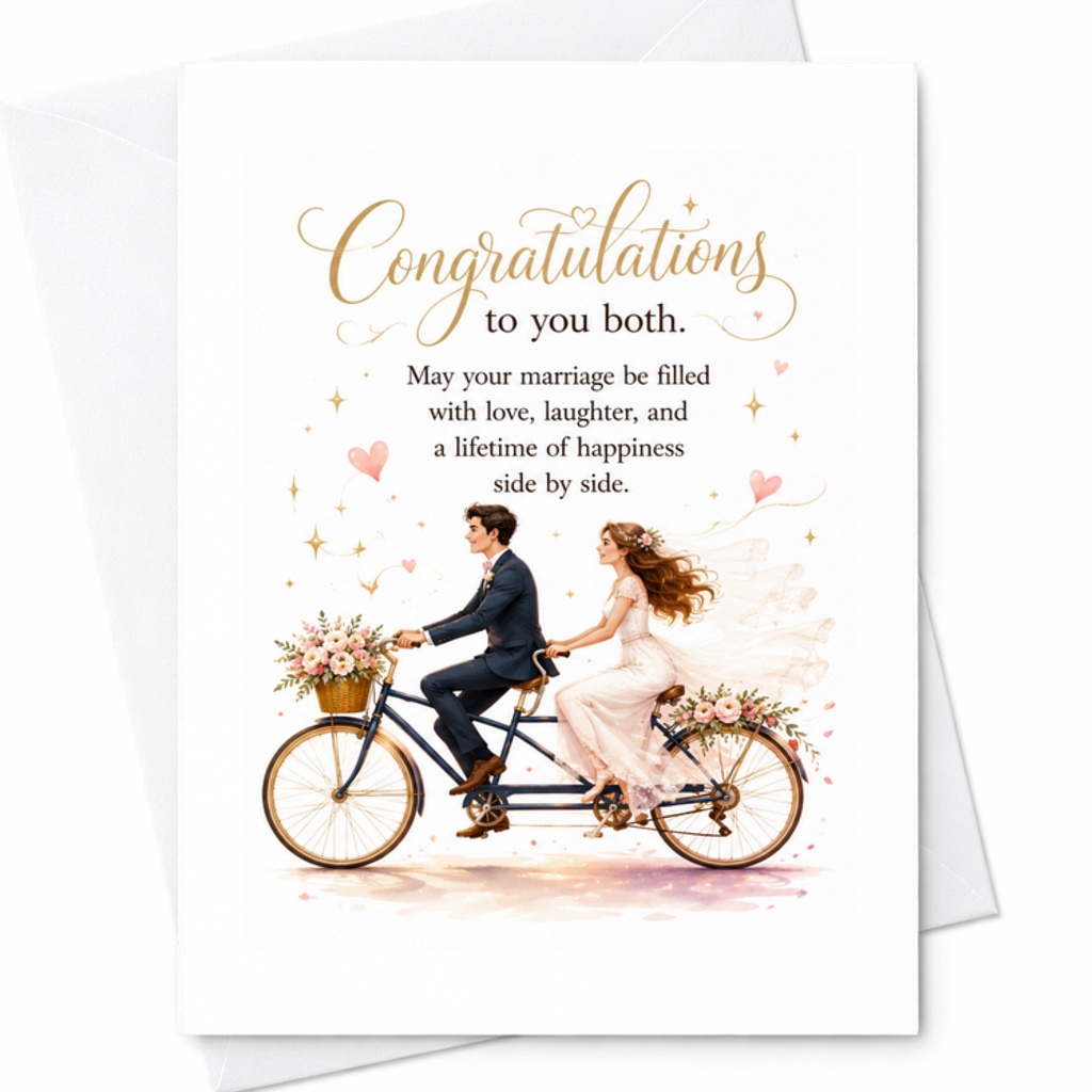 Congratulations To You Both Wedding Card Marriage Filled With Love Laughter Happiness Bride Groom Romantic Tandem Bike C3198