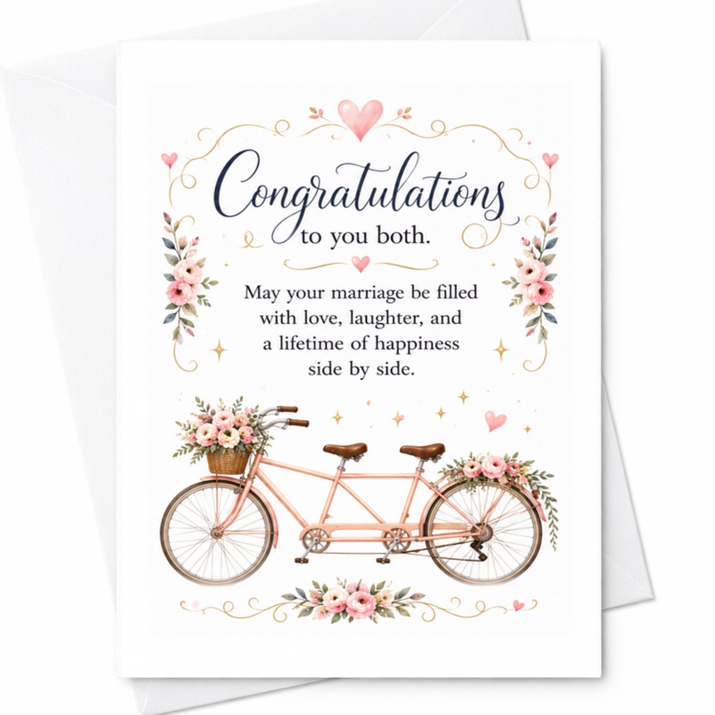 Congratulations To You Both Wedding Card Marriage Love Laughter Happiness Side By Side Newlyweds Cute Tandem Bicycle C3199