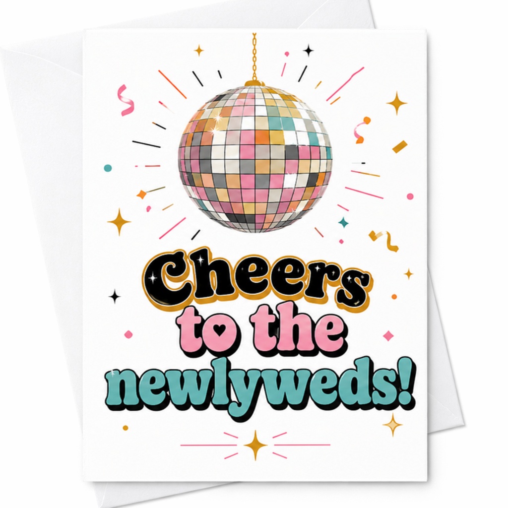 Cheers To The Newlyweds Wedding Card Celebration Newly Married Couple Congrats Disco Ball Cute Marriage Greeting C3222