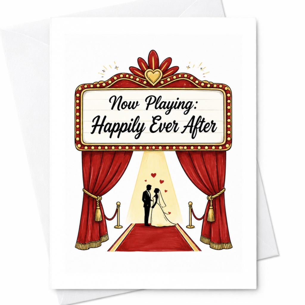 Now Playing: Happily Ever After Wedding Card Romantic Anniversary Engagement Card For Couple Bride Groom Cute Theater Theme C3230